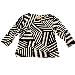Ruby Rd Blouse Small Black & White Geo-Stripe Abstract Beaded Neckline Preppy